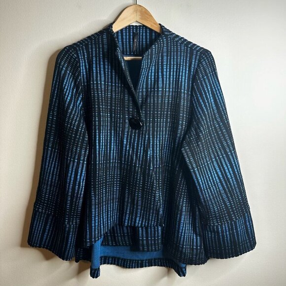 IC By CONNIE K Jacket Sz L Black Blue Textured Single Button Artsy Lagenlook - Picture 1 of 13